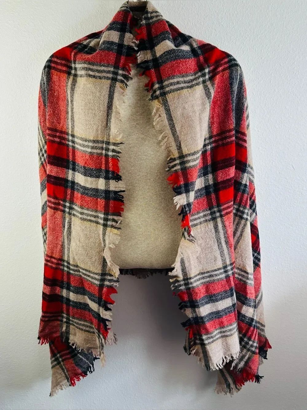 Madewell Tan Black Red Plaid Wool Blanket Scarf 33x80